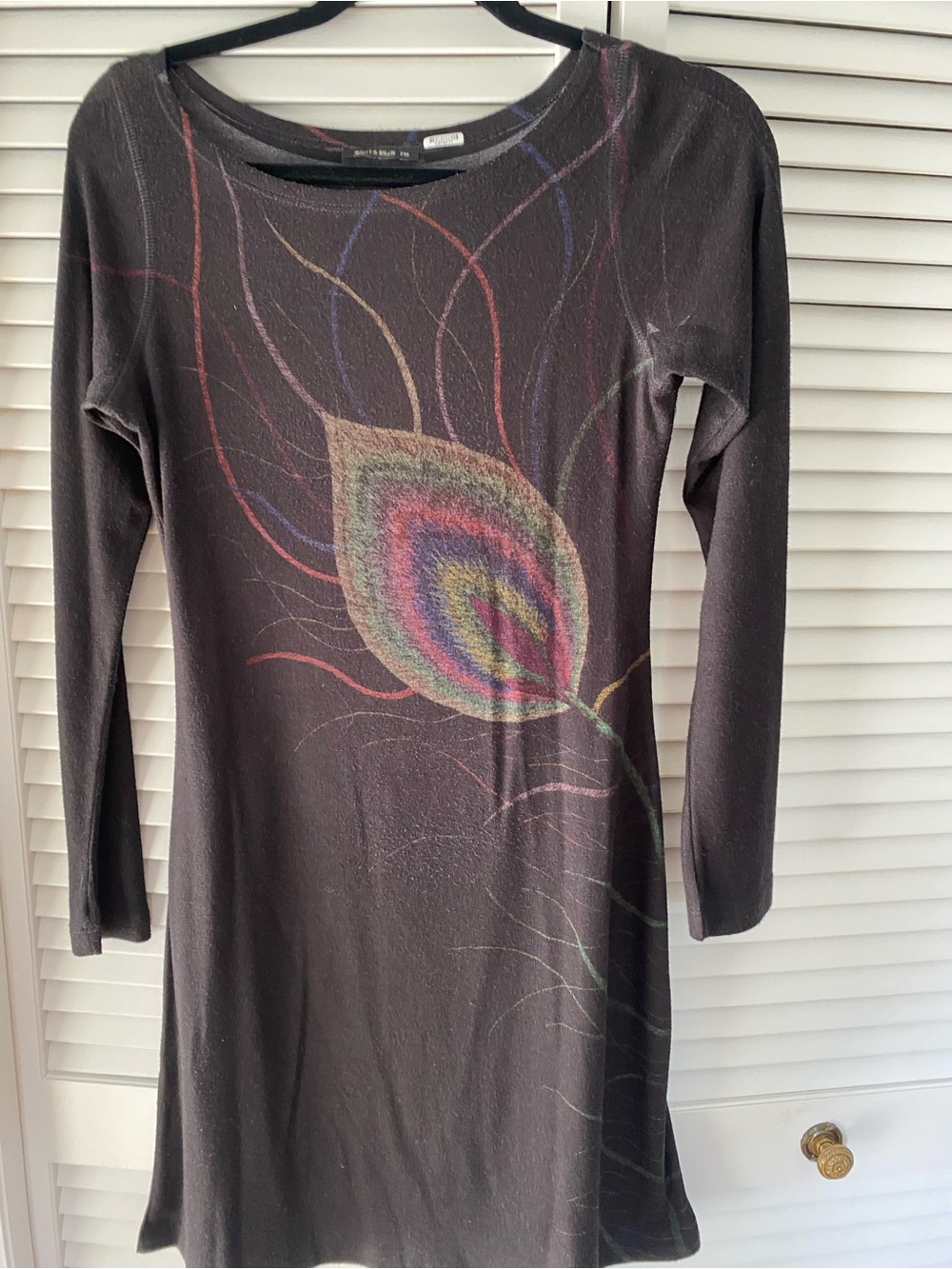 Nally & Millie Black Long-Sleeve Dress with Multicolor Feather Print
